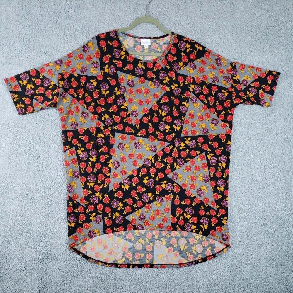 Lularoe Irma Tunic Black & Gray With Purple & Red Roses Size XL